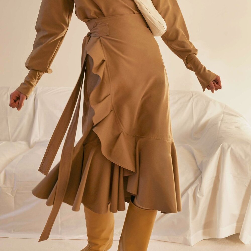 Celine PF/16 Khaki Cotton & Silk Ruffled Wrap Midi Skirt